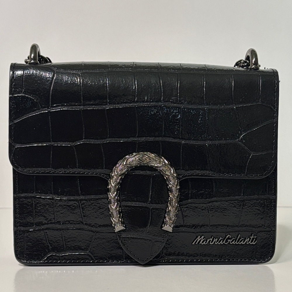 Marina Galanti Black Croc-Embossed Leather Chain Shoulder Crossbody Bag